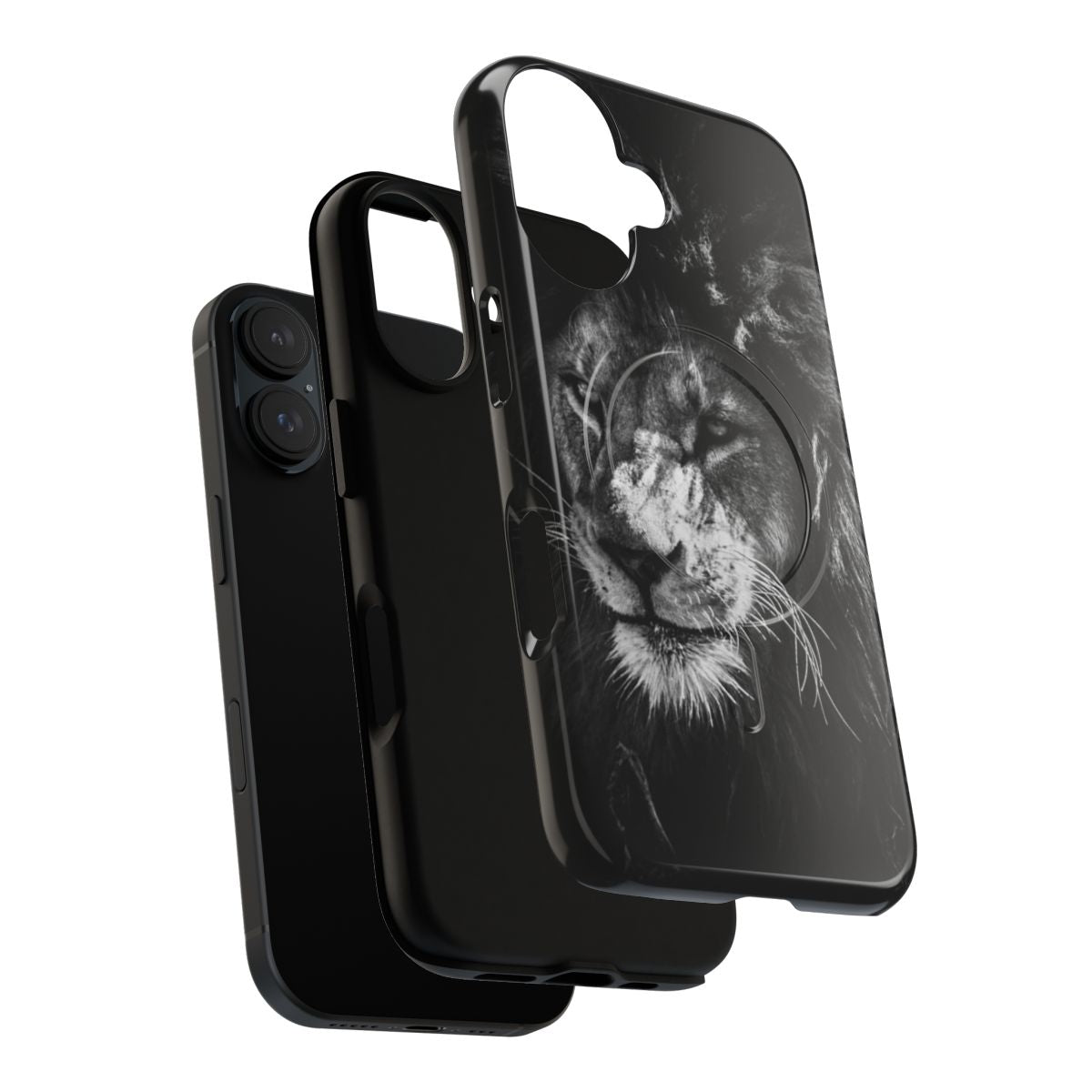 Black and white lion print design on a magnetic tough phone case - Layers