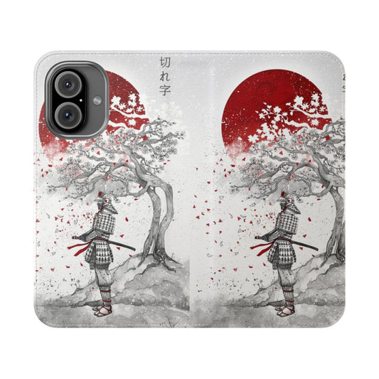 Flip phone case featuring a Japanese "kireji" or cutting word and cherry blossoms