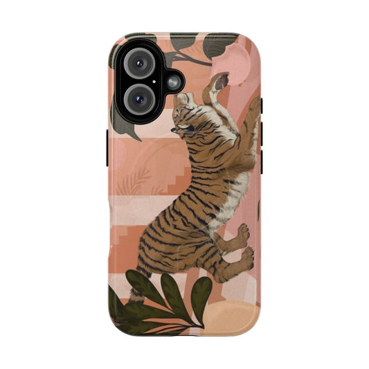 Magnetic tough phone case with boho tropical tiger and leaf design