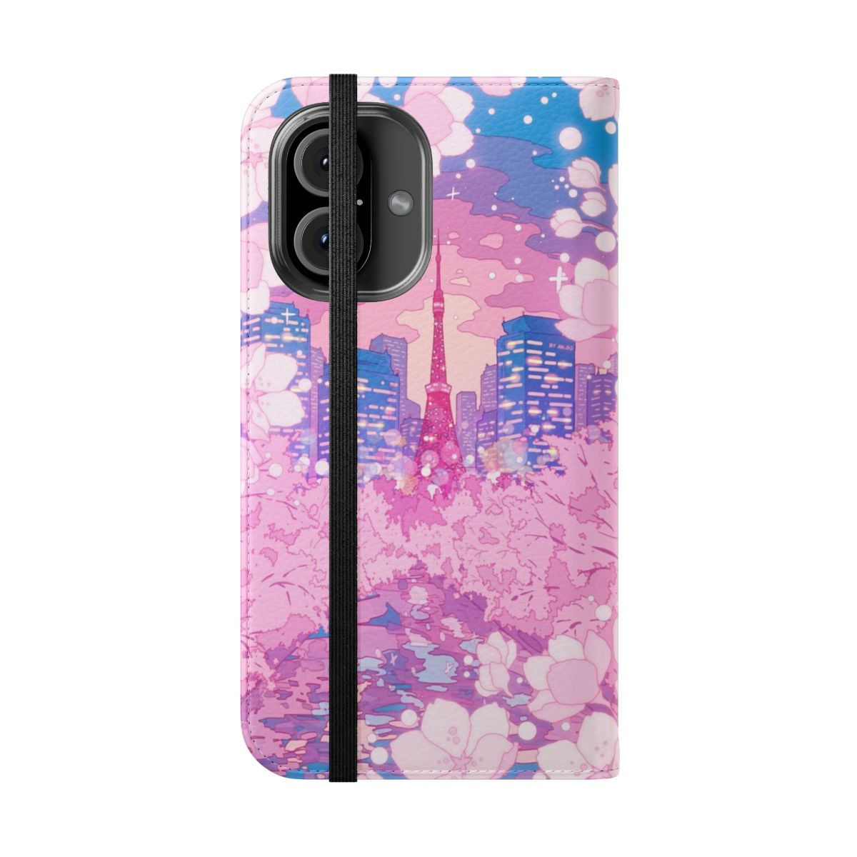 Anime-inspired flip cover phone case featuring a scenic night view of Tokyo's cityscape with a lake and cherry blossoms - Folded Front