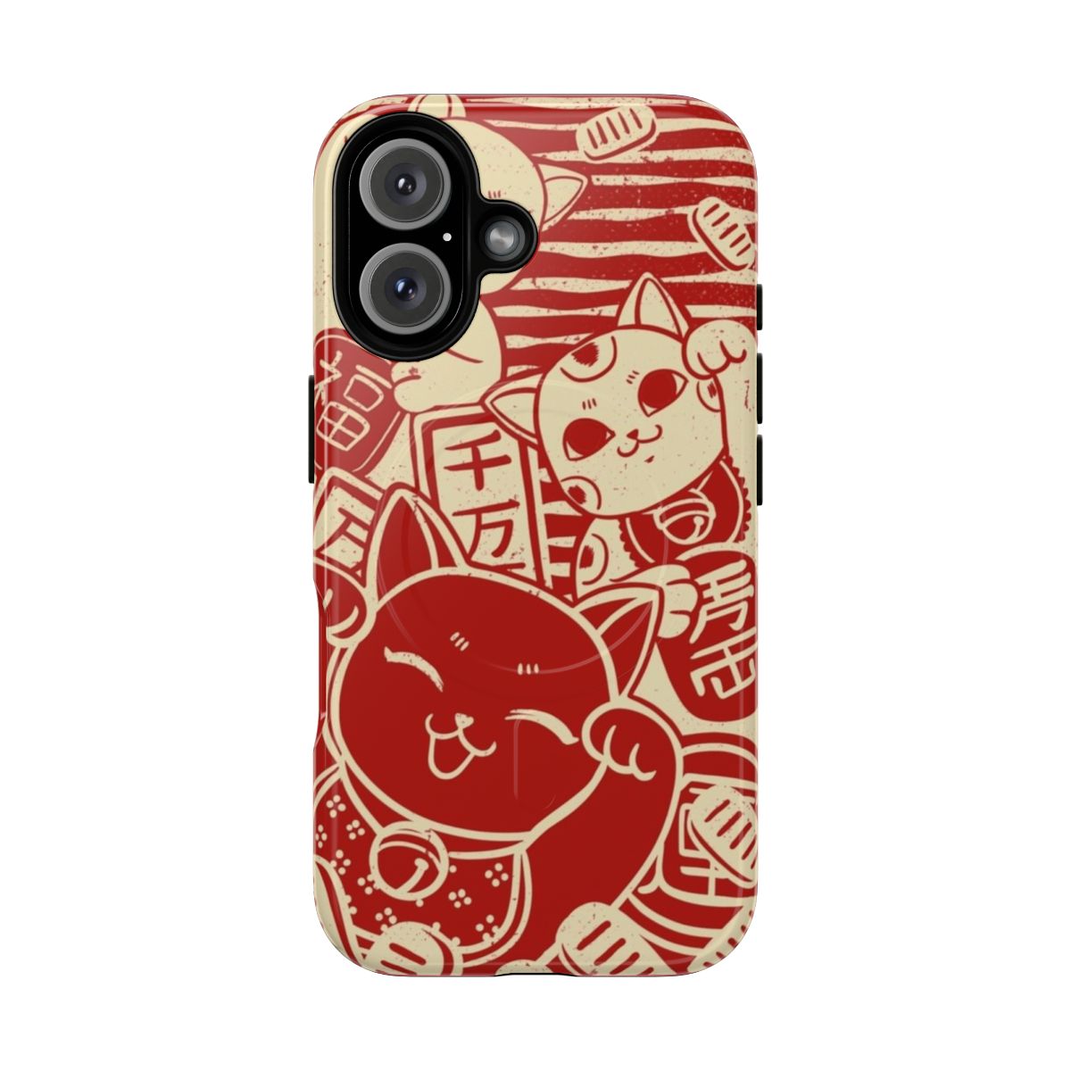 Magnetic tough phone case featuring a cute maneki neko (lucky cat) design in a traditional Japanese style.