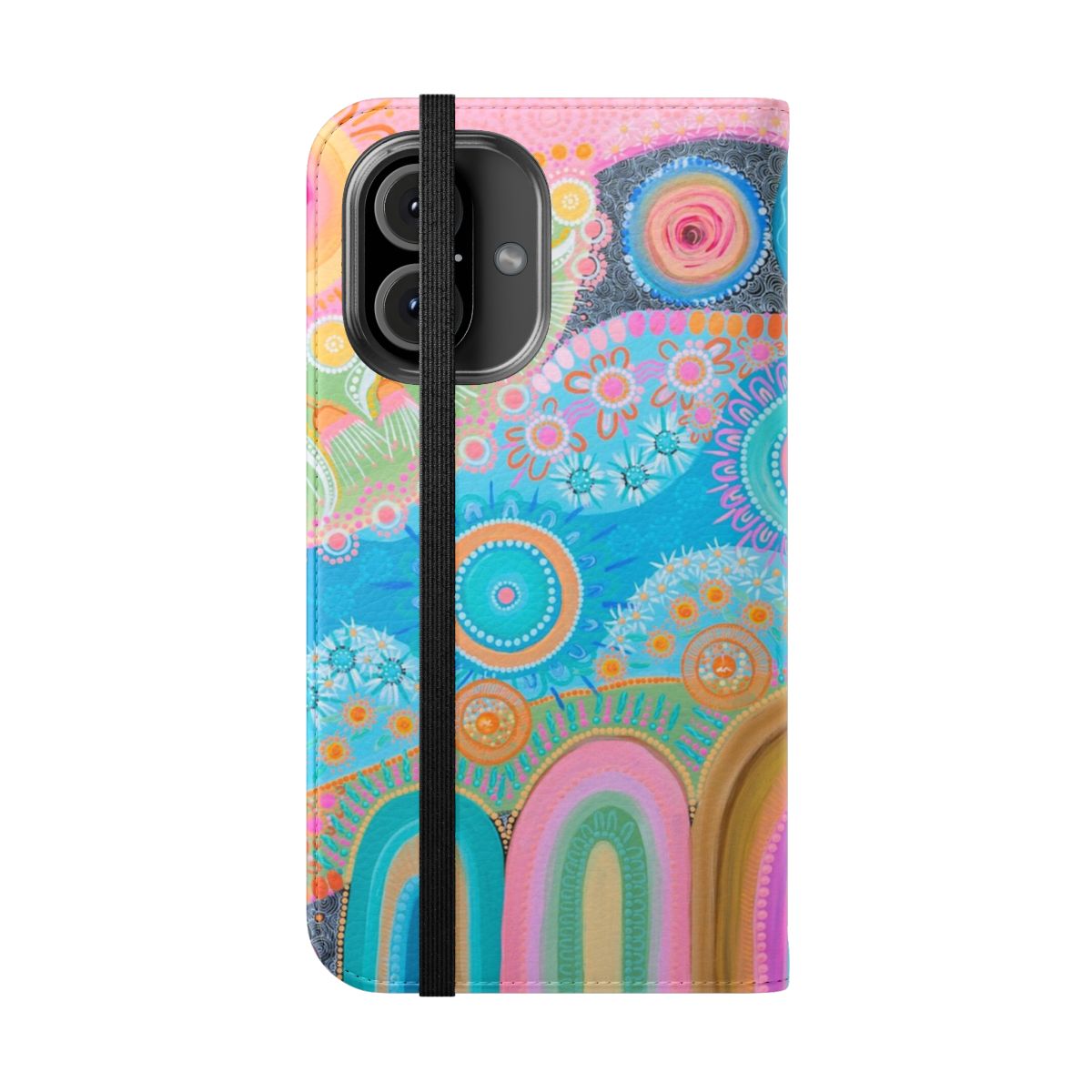 Flip cover phone case featuring vibrant first nations art design - Folded Front