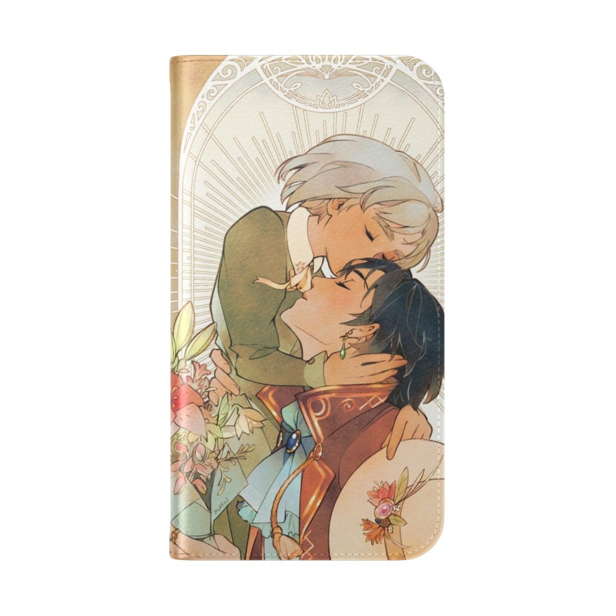 Whimsical art nouveau-style flip cover phone case featuring characters from the beloved anime "Howl's Moving Castle" - Folded Back