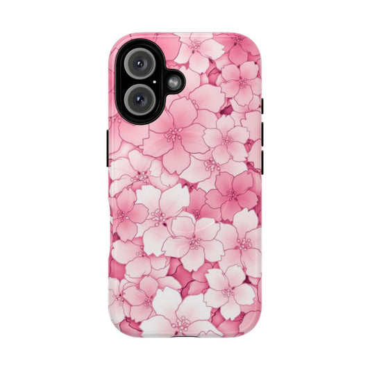 A stylish phone case featuring delicate sakura cherry blossom petals in a pastel color palette.