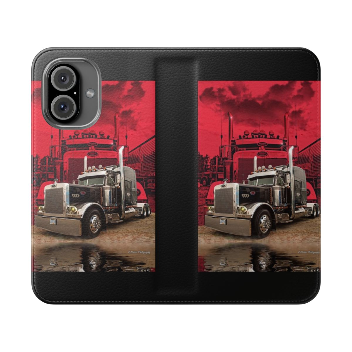 Peterbilt truck flip cover phone case with red truck background