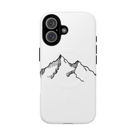 Magnetic tough phone case featuring a sketch design of a mountain landscape