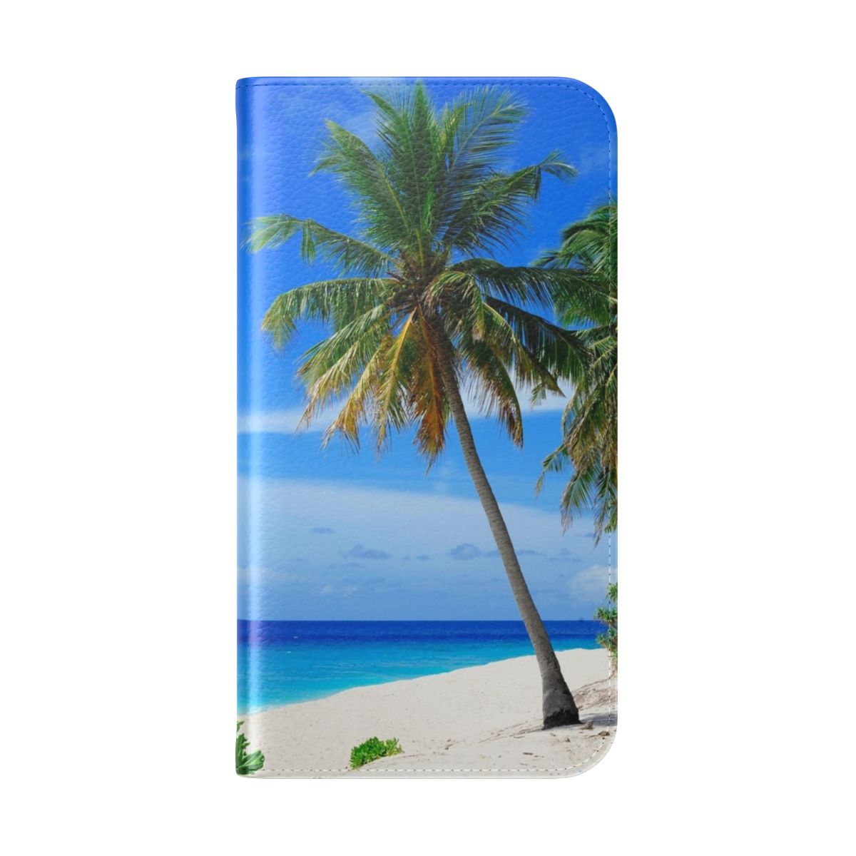 Flip cover phone case featuring a tropical palm tree beach landscape design - Folded Back