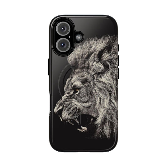 Roaring lion design printed on a tough, magnetic phone case