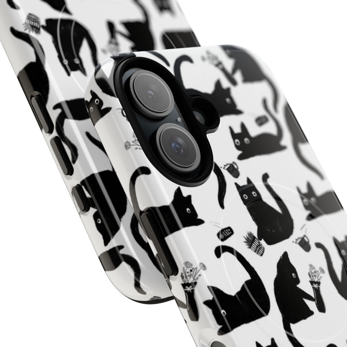 Magnetic tough phone case featuring a whimsical pattern of cats knocking over items - Detail