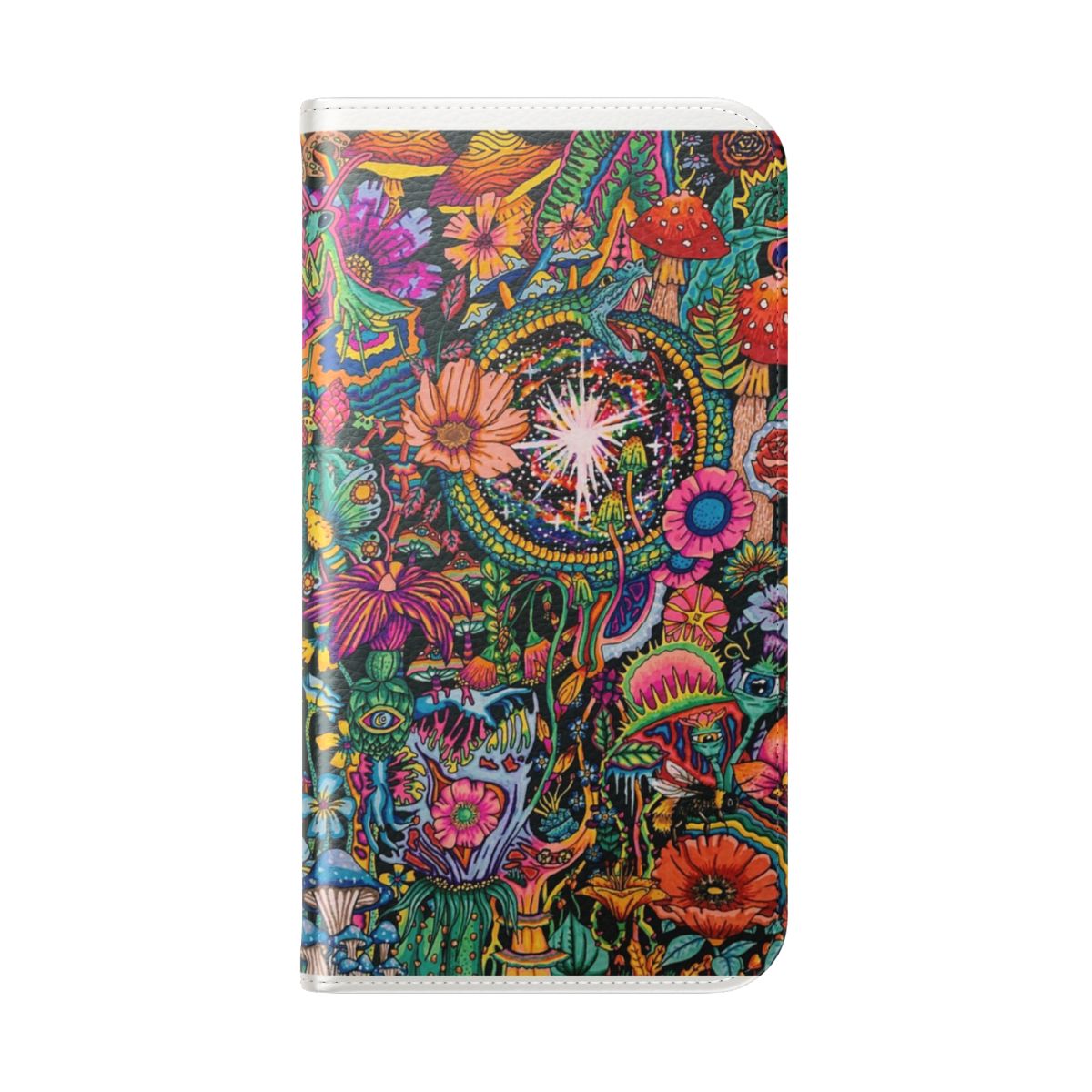 Colorful, trippy, and psychedelic phone case with a magical garden design featuring snakes and mushrooms. - Folded Back