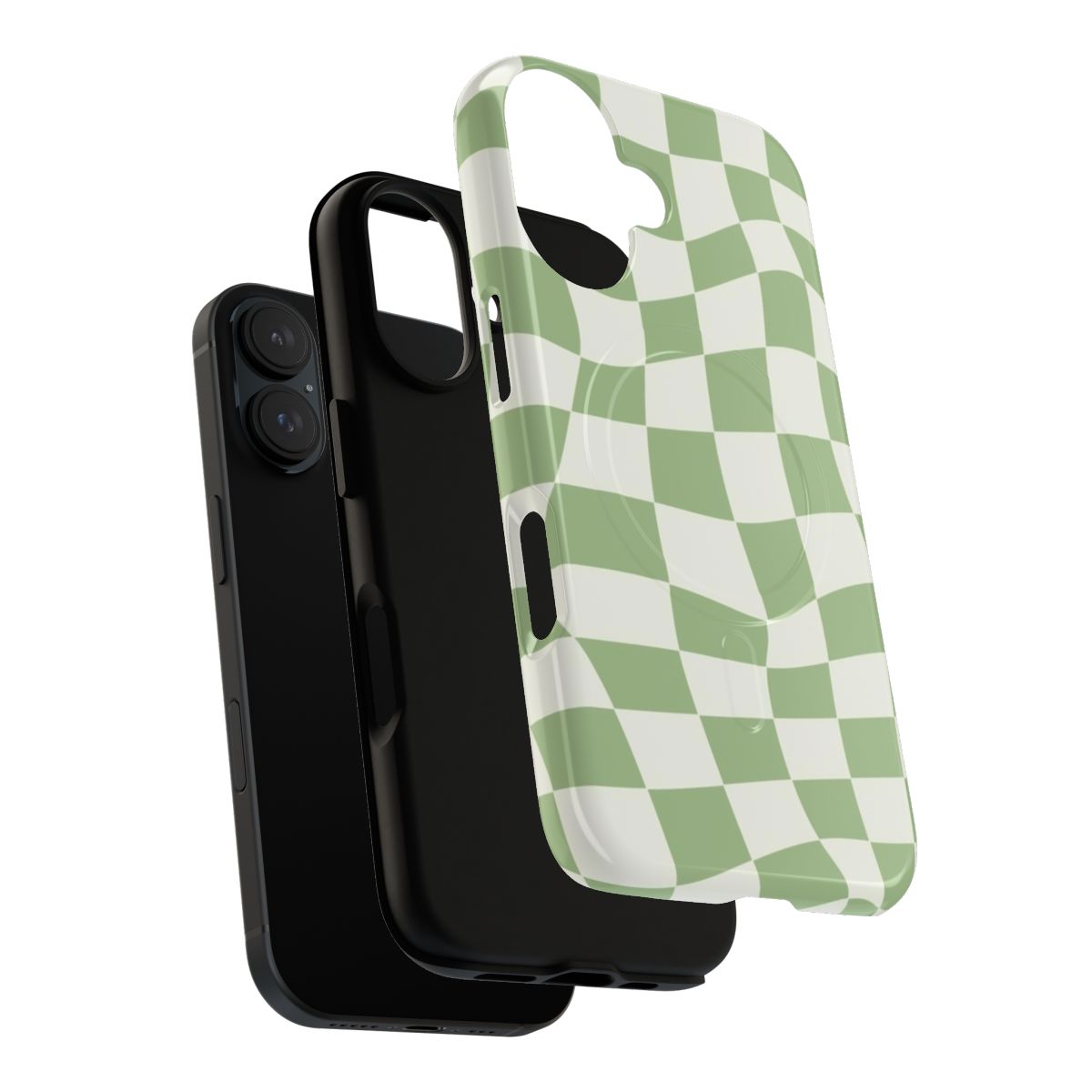 Sage green phone case with psychedelic checkered and wavy pattern - Layers