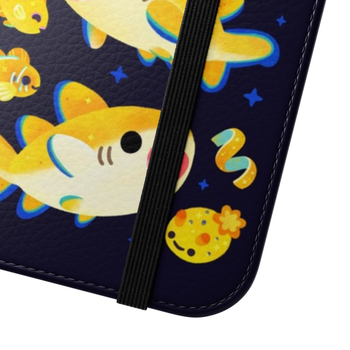 Lemon shark and friends design on a dark-colored phone case - Close Up