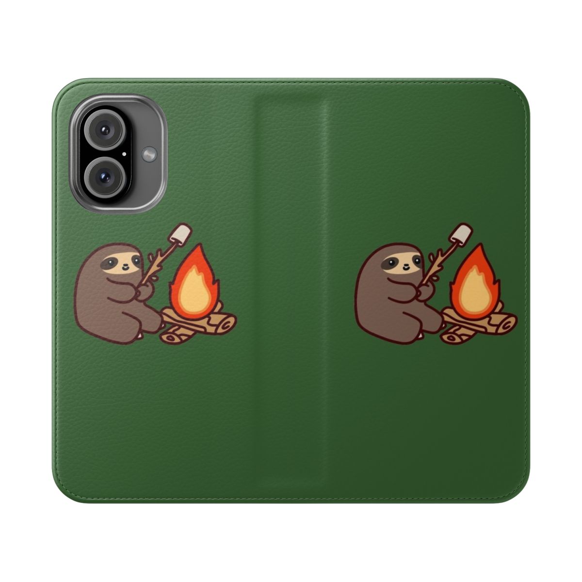 Cute cartoon sloth roasting marshmallows over a campfire on a phone case.