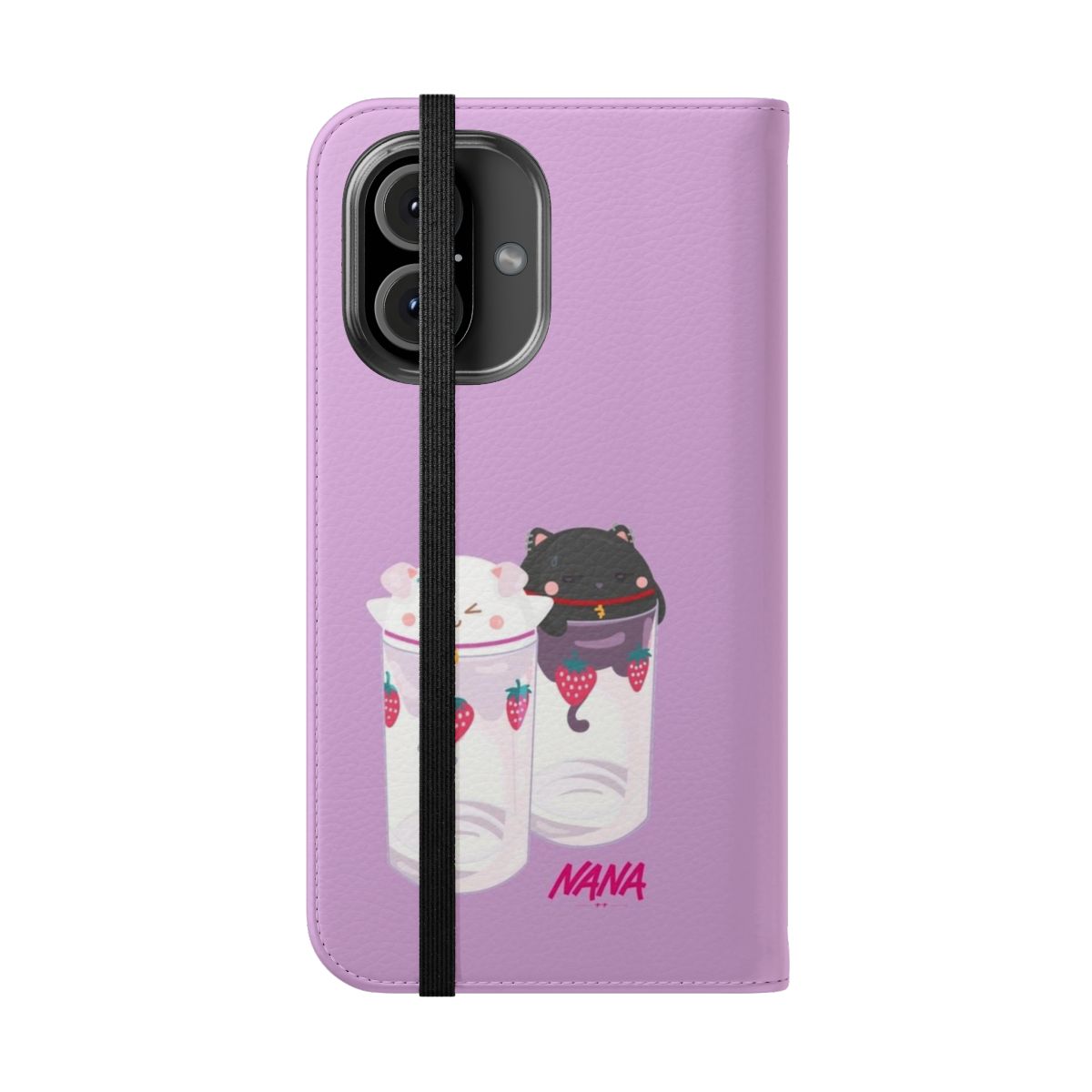 A flip cover phone case with a strawberry glasses print, inspired by the popular anime and manga series Nana. - Folded Front