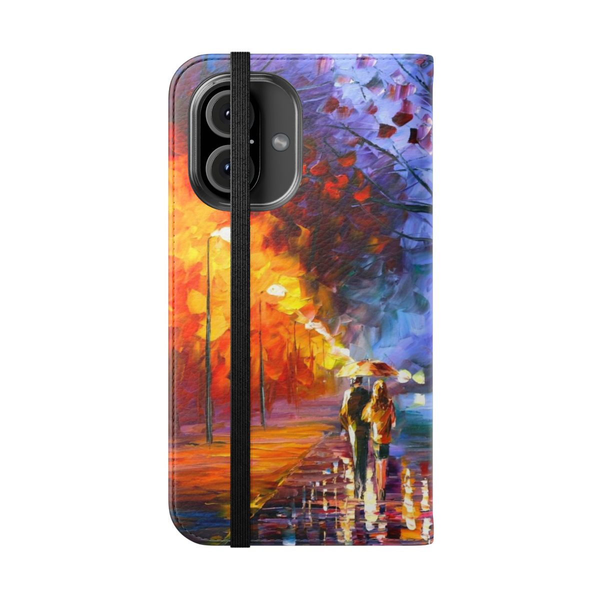 Vibrant landscape phone case with colorful Afremov-style artwork depicting a foggy forest scene - Folded Front