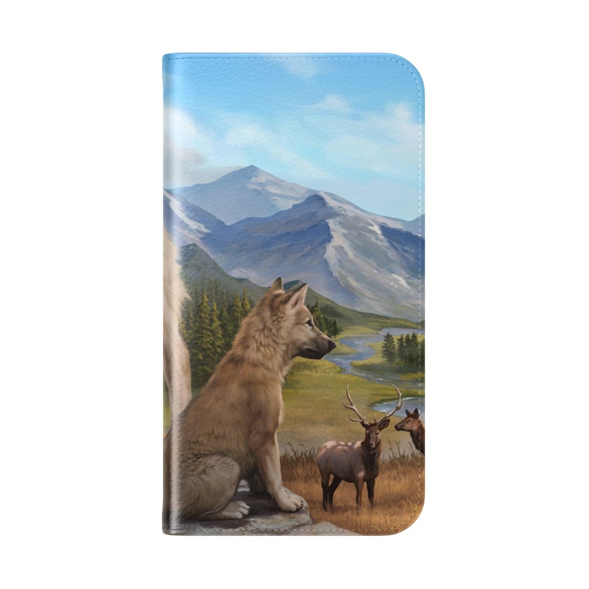 Rustic wolf phone case with nature and mountain pastoral landscape design - Folded Back