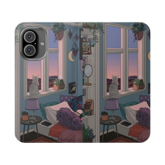 Flip cover phone case with space, cat, and plant-themed design