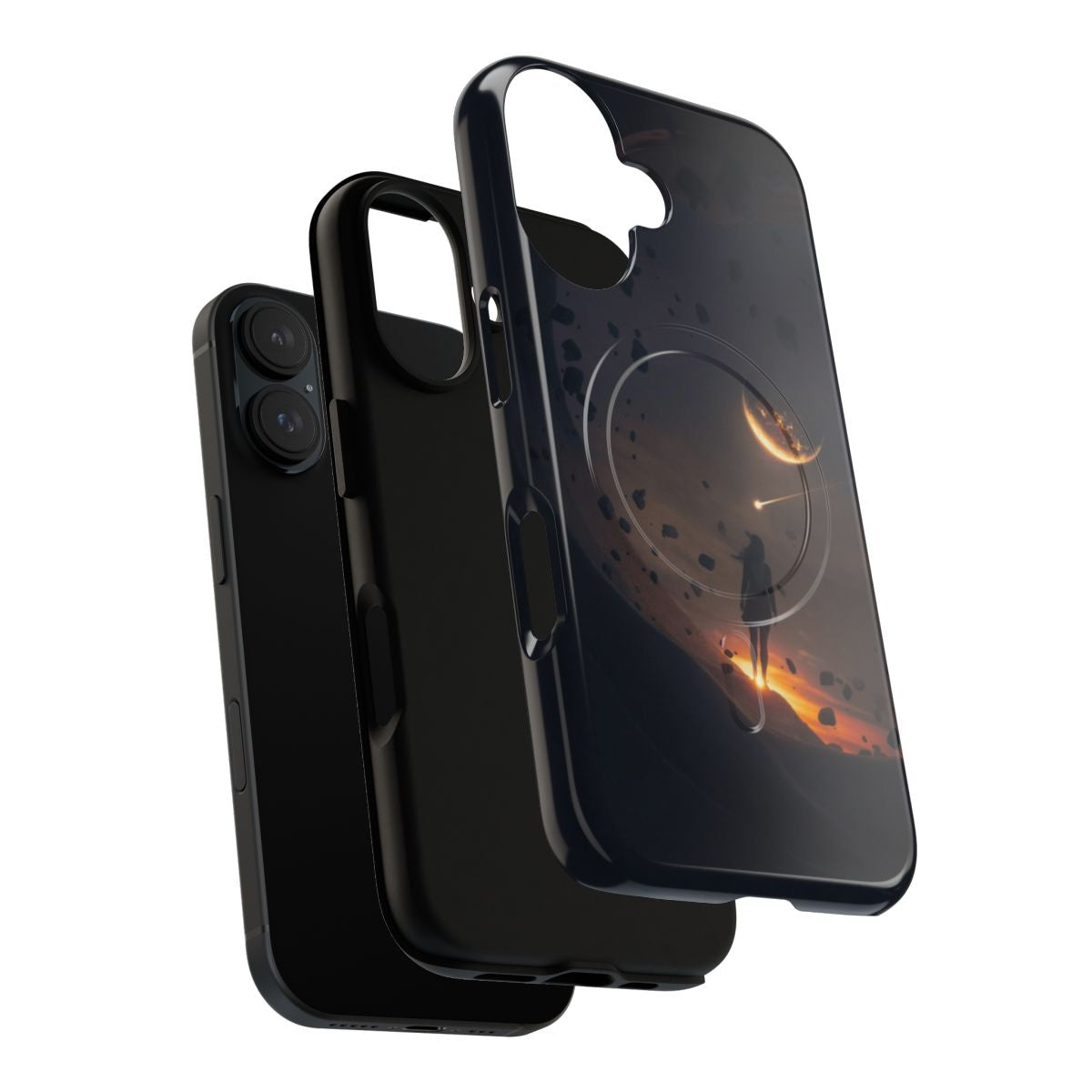 Magnetic tough phone case with a surreal space and asteroid design, featuring a woman's silhouette and shooting stars. - Layers