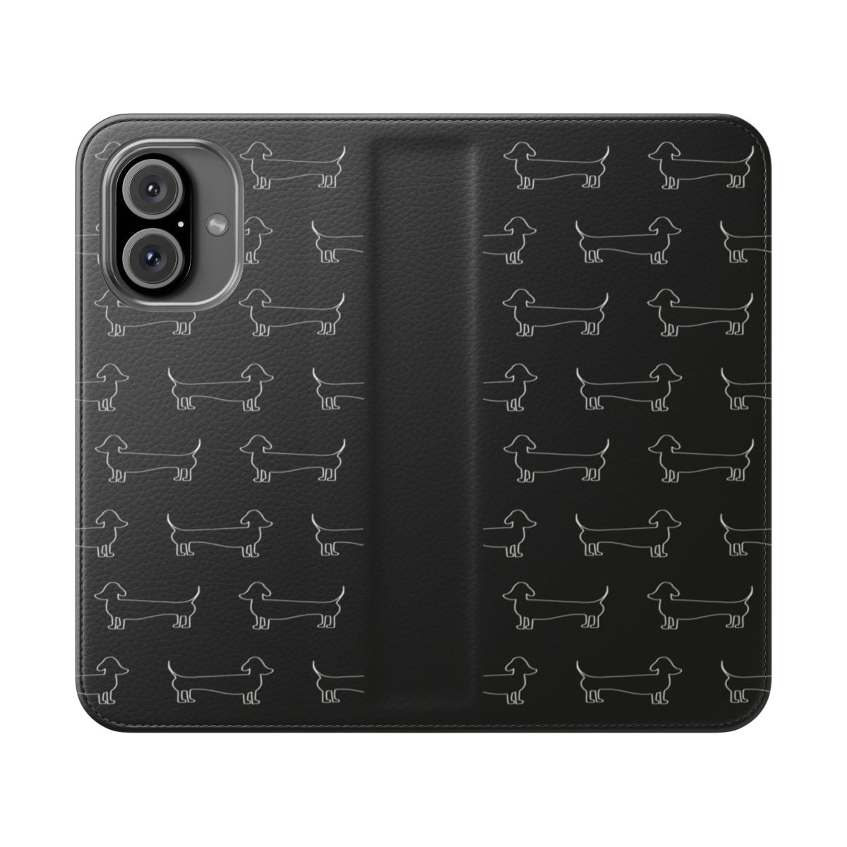 Dark flip cover phone case featuring a white dachshund silhouette pattern.