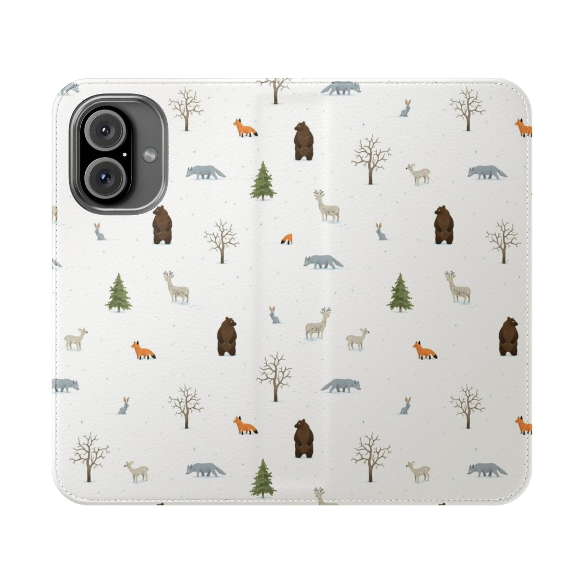 A winter-themed phone case featuring a pattern of forest animals like foxes, bears, wolves, deer, and rabbits in a snowy woodland setting.