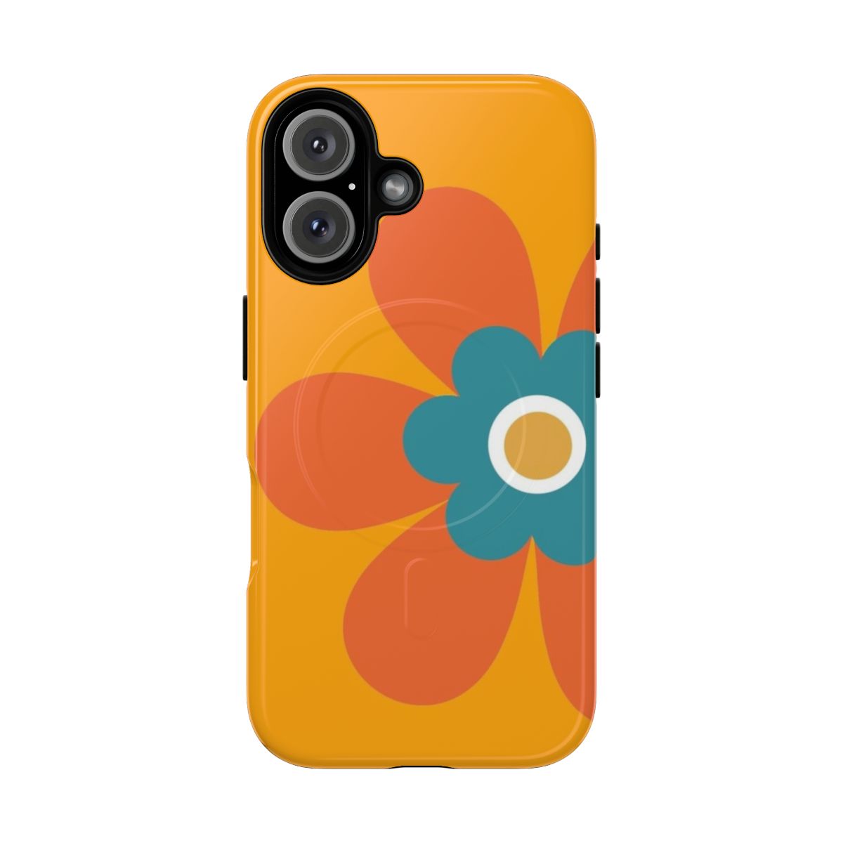 Retro 70s flower power phone case featuring a simple floral graphic in bright orange, turquoise blue, and mustard yellow.