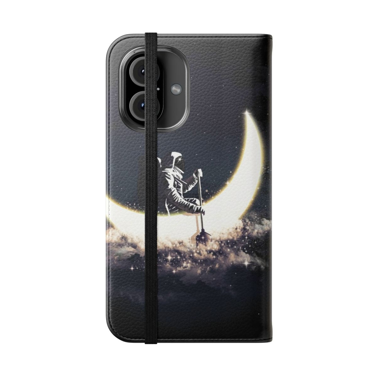 A sleek flip phone case featuring a surreal, abstract design with a sailing ship against a backdrop of the moon and stars. - Folded Front