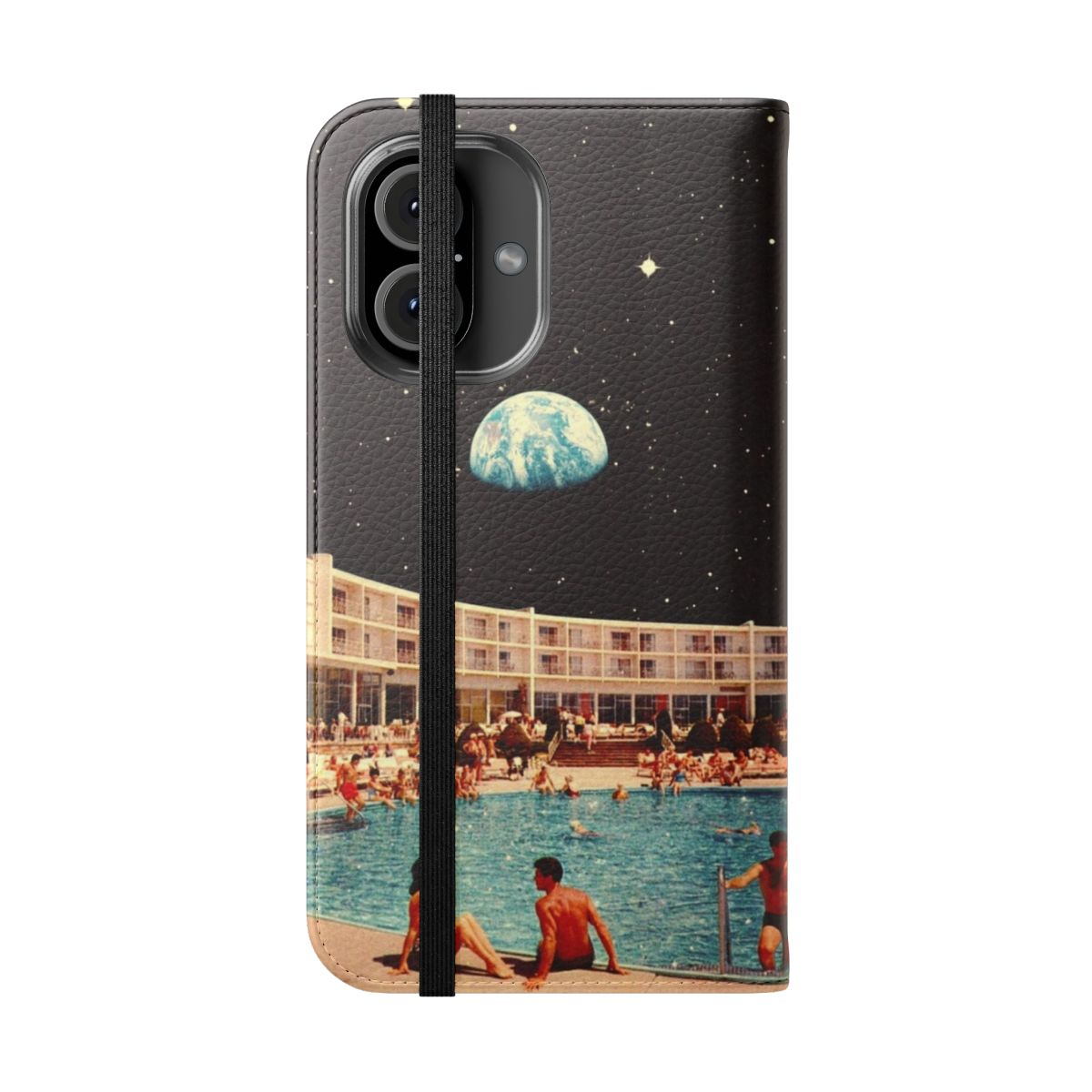 Retro-futuristic collage design featuring a vintage-style holiday resort with a pool, moon, and stars on a flip cover phone case. - Folded Front