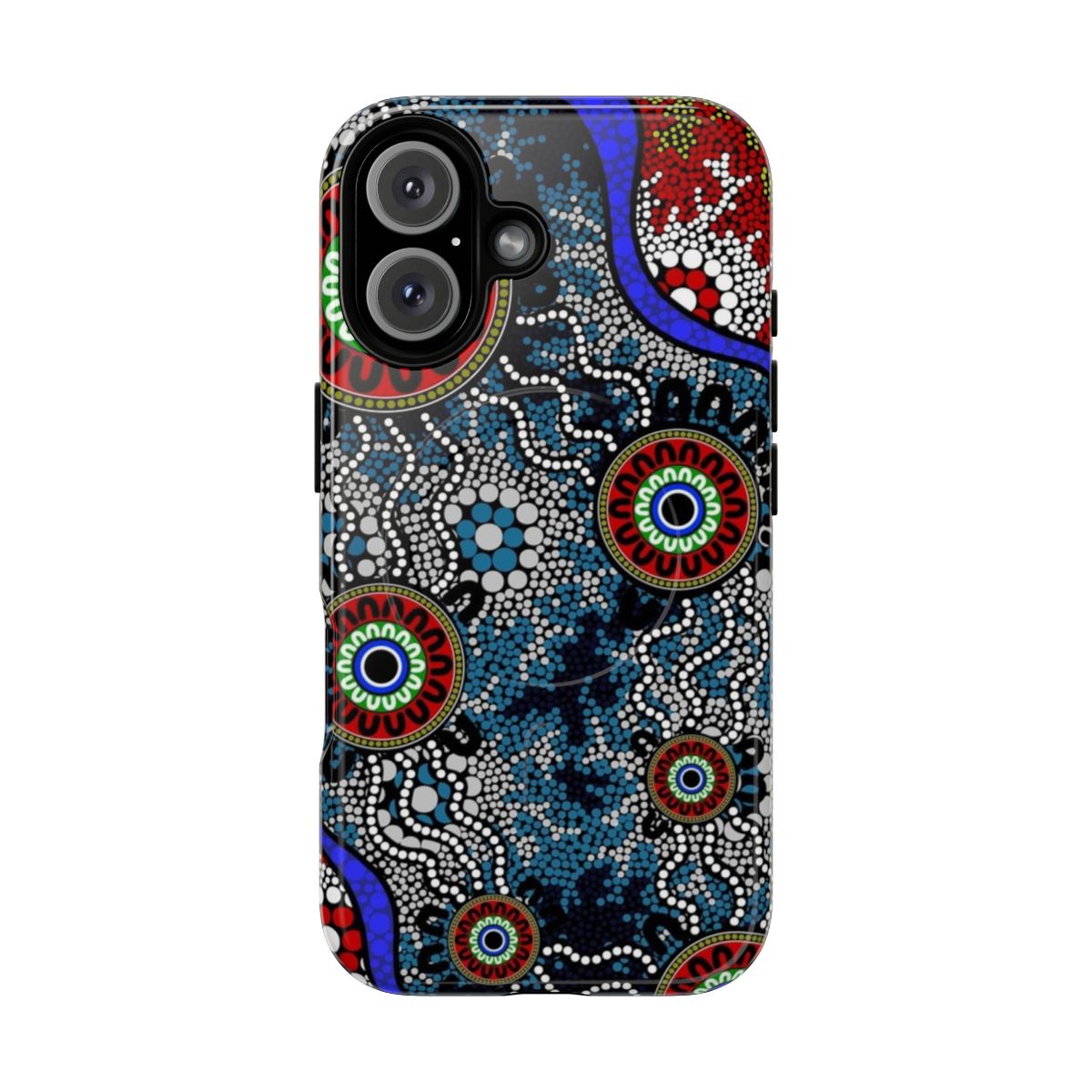 Magnetic tough phone case featuring authentic Aboriginal-inspired camping dots design