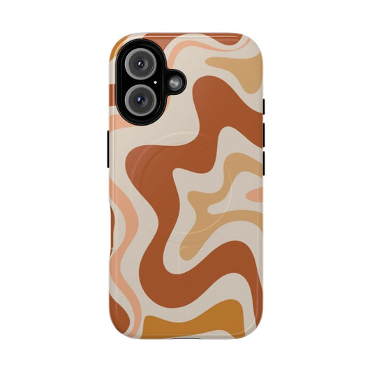 Retro abstract phone case with fluid, swirling design in muted earth tones