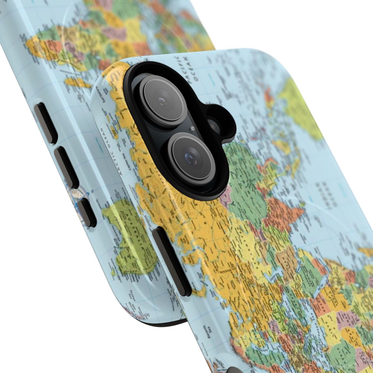 Closeup of a world map printed on a protective phone case with a magnetic closure - Detail