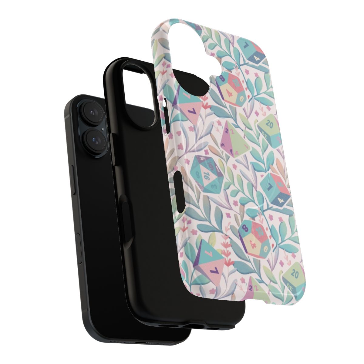 Pastel floral and nature inspired DND dice set in a magnetic tough phone case - Layers