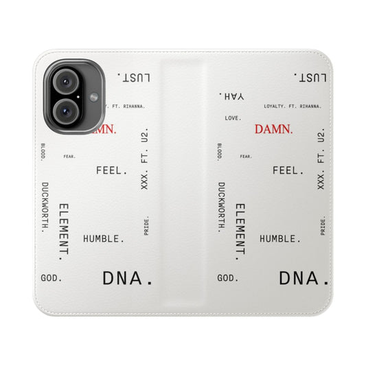 Stylish flip cover phone case featuring the Kendrick Lamar album title "DAMN."