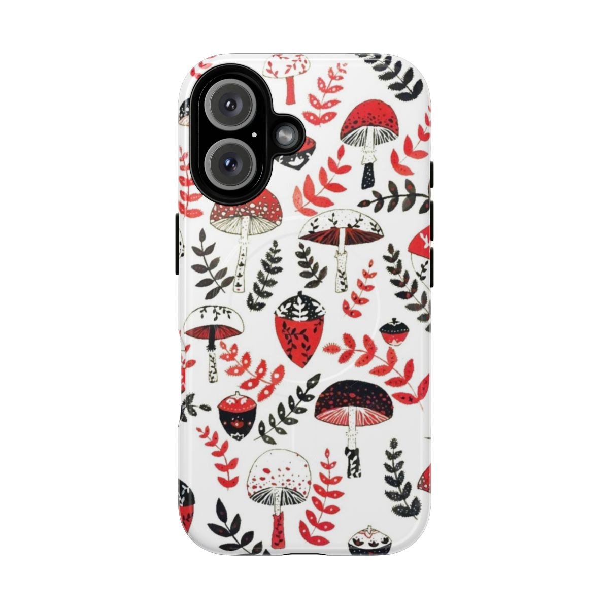 A phone case featuring a magical, whimsical design with mushrooms, acorns, and leaves in a woodland or fairy-tale inspired pattern.