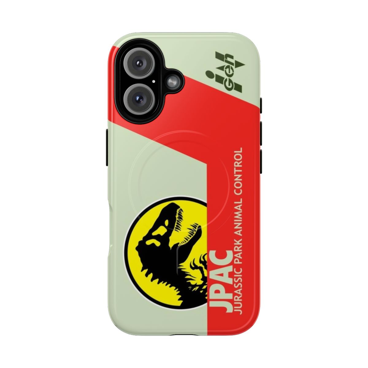 Rugged phone case with a Jurassic Park/World theme and a magnetic attachment