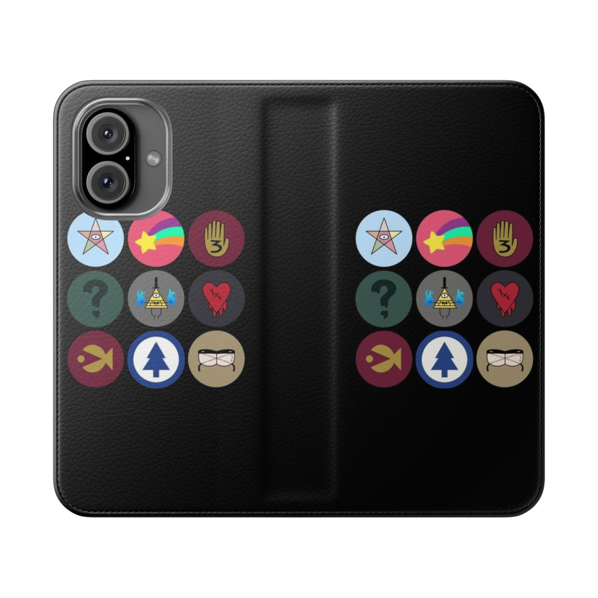 Gravity Falls-inspired flip phone case featuring the iconic cipher wheel design and beloved characters