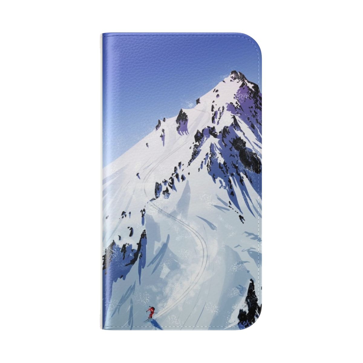 A durable flip phone case with a mountain, ski, and winter-themed design. - Folded Back