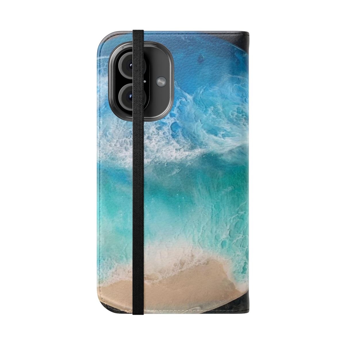 Resin phone case with an ocean-inspired design featuring waves, blue and green colors, and a beachy vibe. - Folded Front