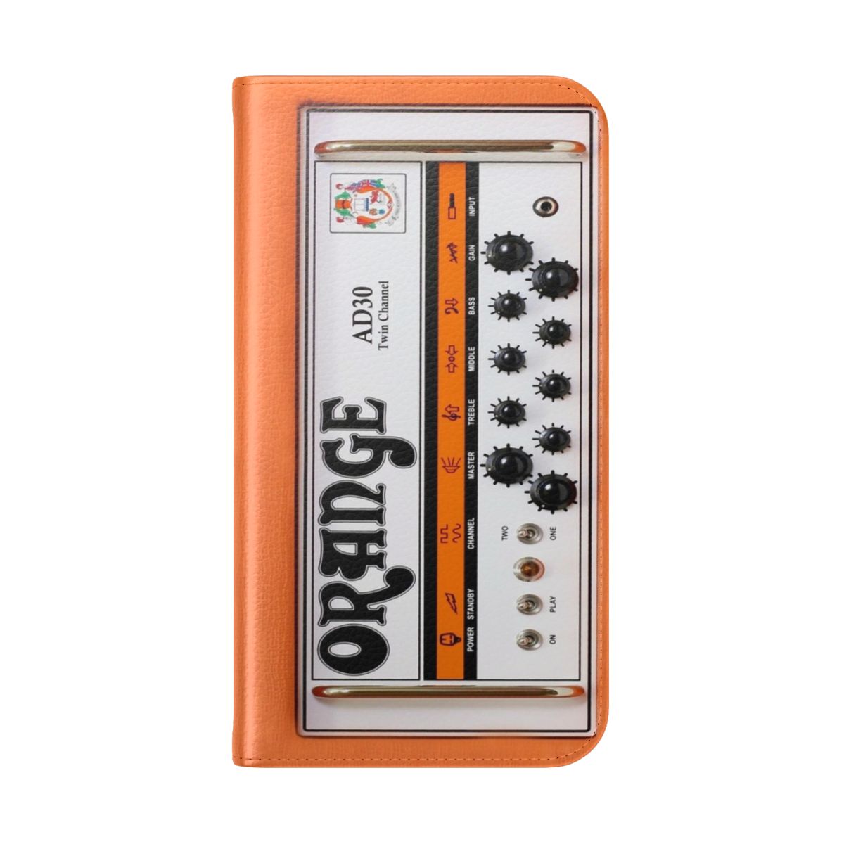 Orange retro-style phone case with graphics resembling a classic guitar amplifier - Folded Back