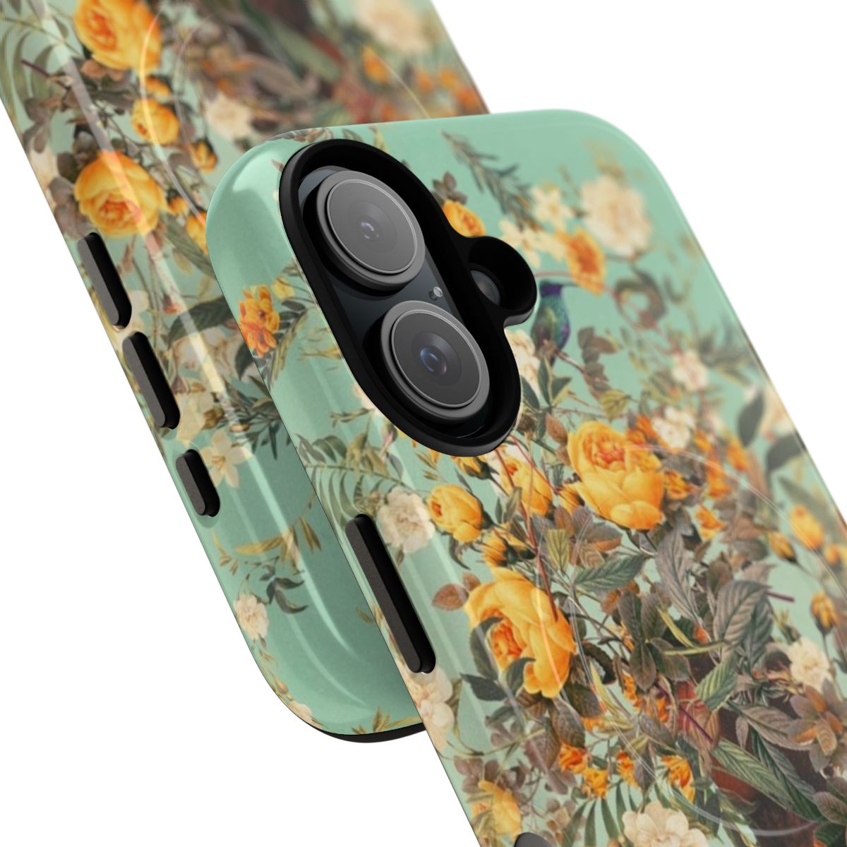 Vintage collage-style phone case featuring a floral portrait with summer nature elements in blue, green, and yellow tones. - Detail