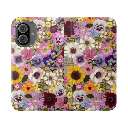 Vibrant floral phone case with pansies, sunflowers, and a whimsical botanical design