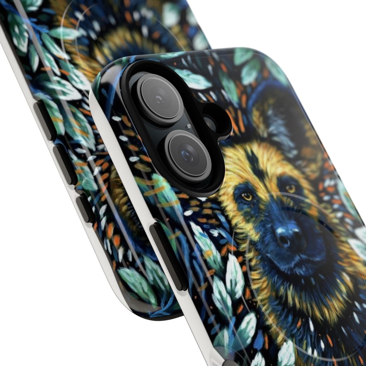 Colorful and psychedelic phone case with an artistic depiction of a wild dog - Detail