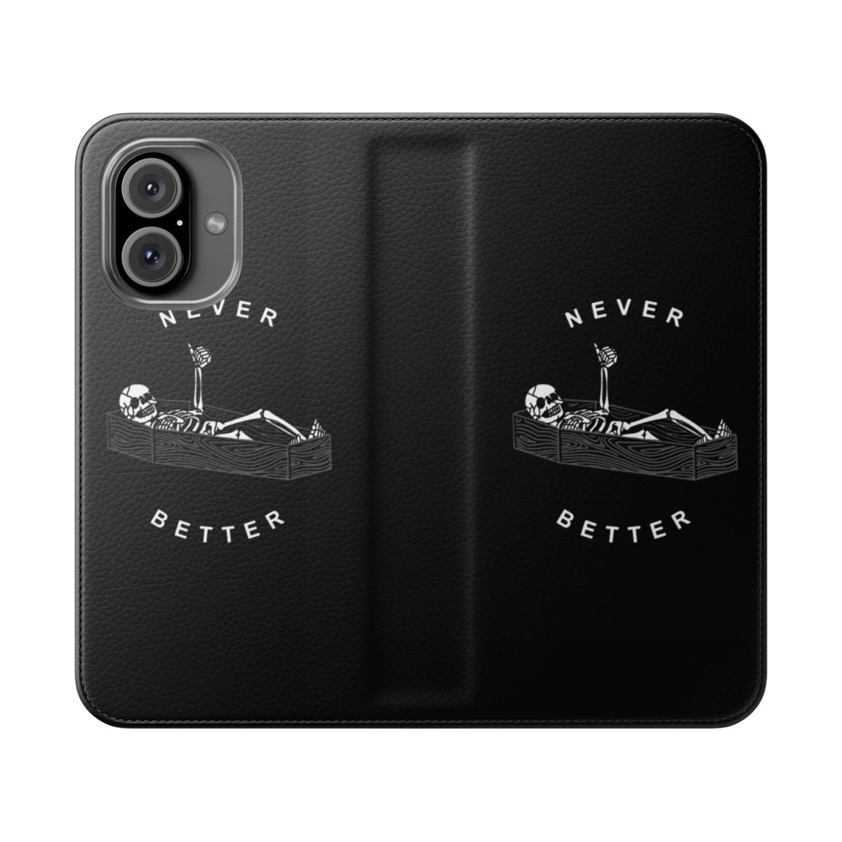 Flip cover phone case with a dark, minimalist design featuring a skeleton silhouette