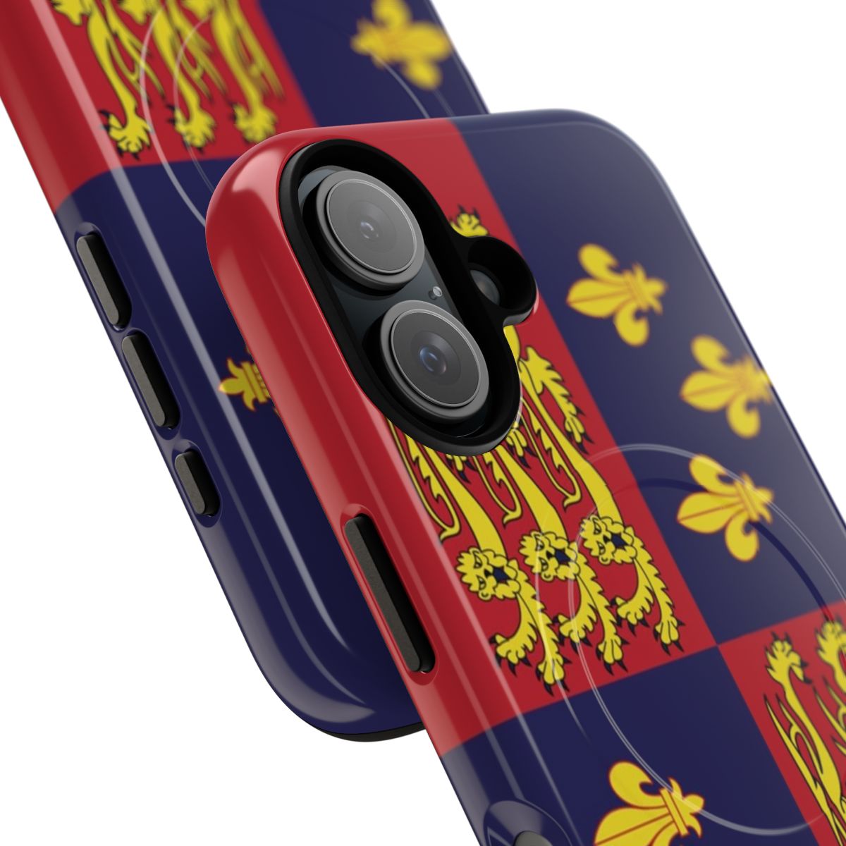 Illustration of the historic Royal Standard of England flag with a heraldic lion and fleur de lis design on a phone case. - Detail