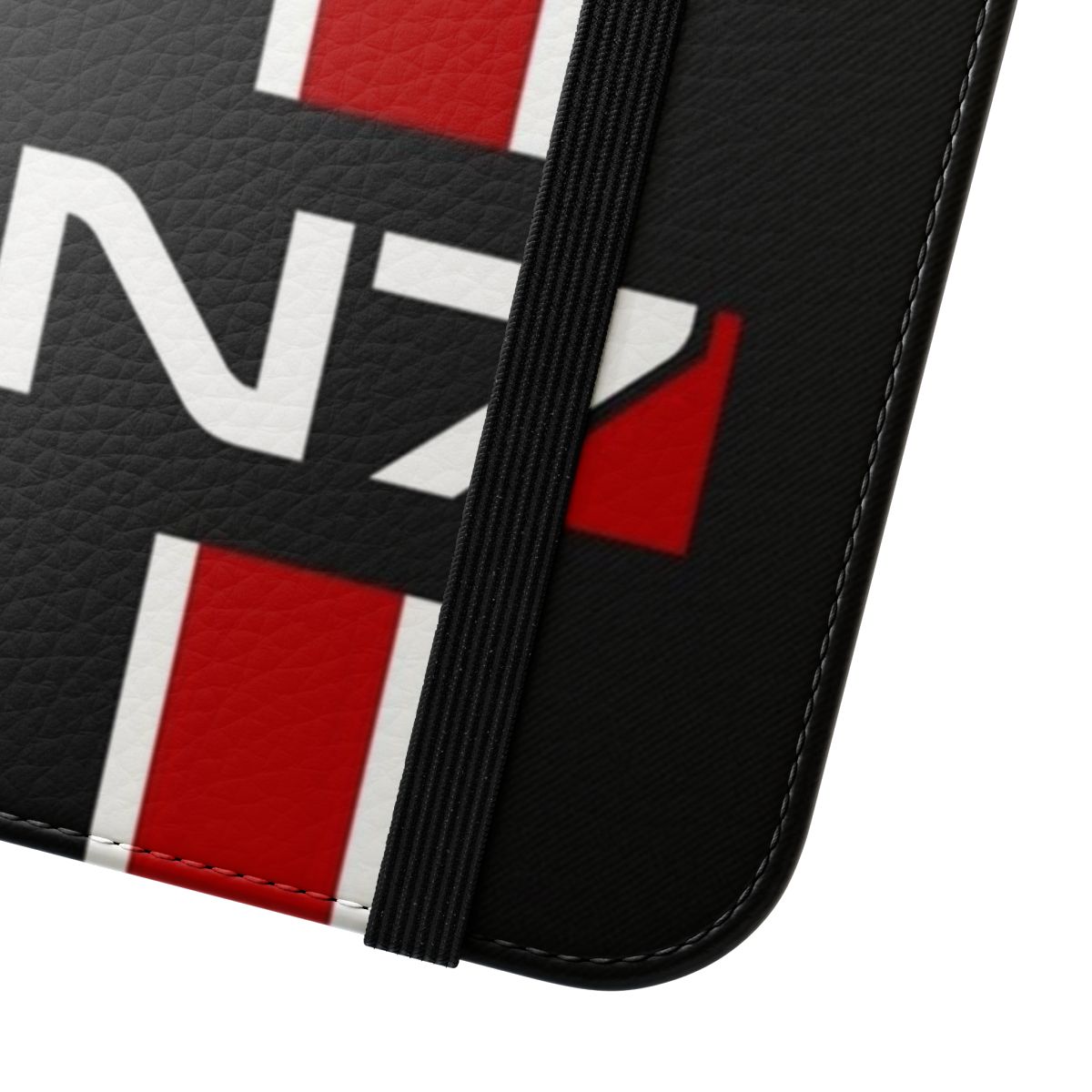 Mass Effect N7 emblem themed flip cover phone case with a sleek, futuristic design. - Close Up