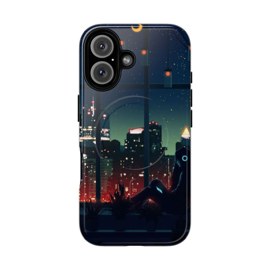 A phone case featuring a nostalgic, lo-fi inspired design with a peaceful city skyline against a night sky.