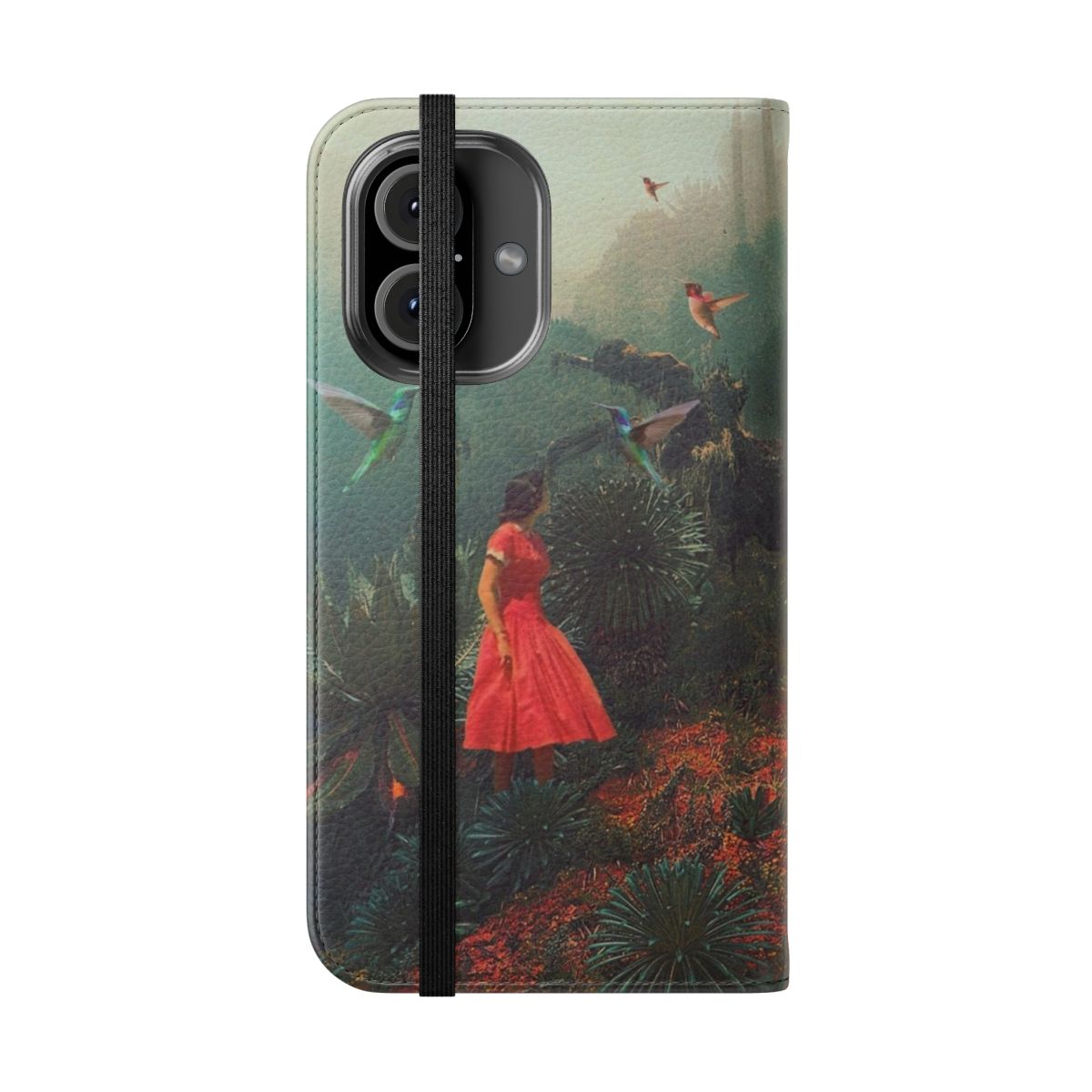 Botanical nature-inspired collage phone case with surreal forest, moody floral, and rainy elements. - Folded Front