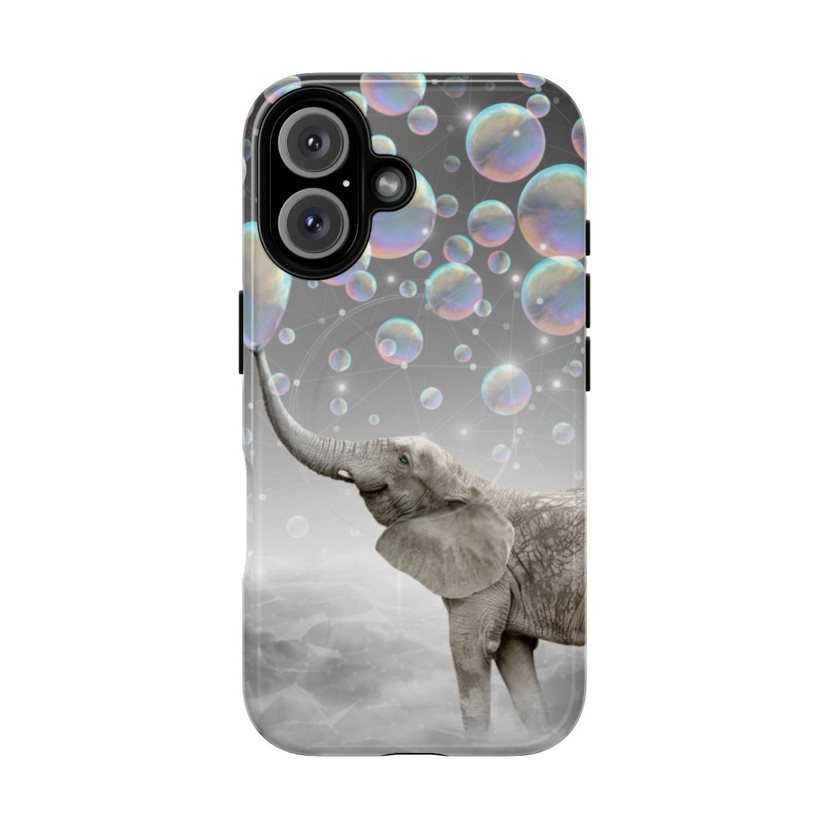 Whimsical surreal elephant artwork with colorful bubbles on a phone case