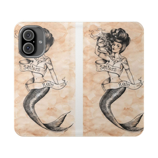 Vintage mermaid tattoo-style phone case with a nautical, sailor jerry-inspired design