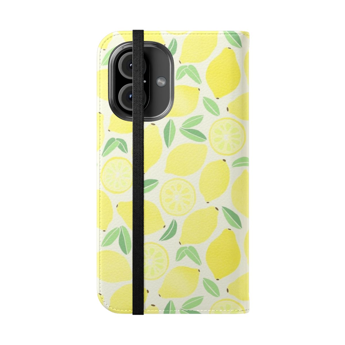 Vibrant summer lemon pattern phone case with green leaves and a cute, girly design. - Folded Front