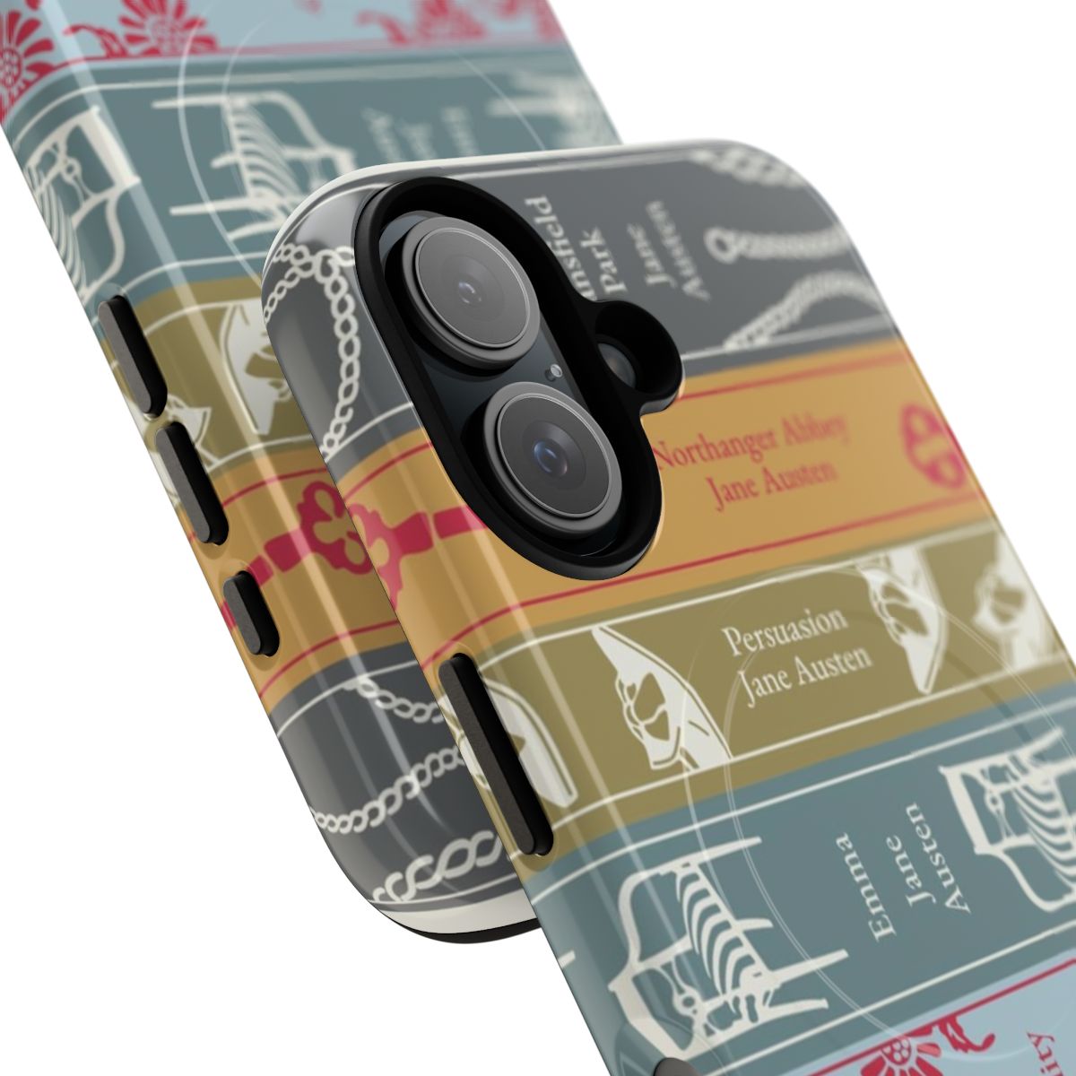 Stack of classic Jane Austen books on a magnetic tough phone case - Detail